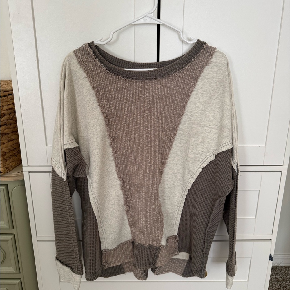 BKE Women's Colorblock Sweatshirt Pullover- Brown, Gray and Cream